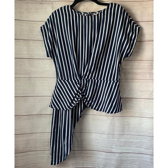 Gibson Latimer Blue and White Striped Blouse with Asymmetrical Side Size L - Picture 1 of 12